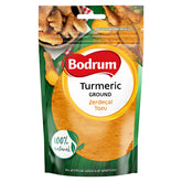 A 100g pack of Bodrum Turmeric Ground, labeled "100% natural" in English and Turkish, features images of ground turmeric root and powder.